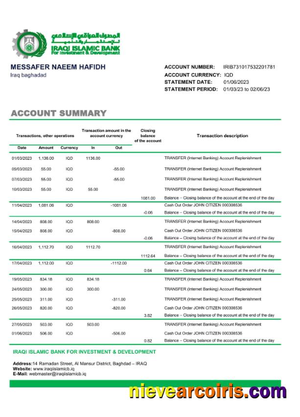 Iraq Islamic Bank For Investment & Development bank statement Excel and PDF